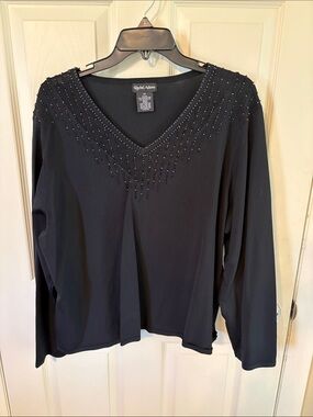 Black Long-Sleeve Beaded V-Neck Top
